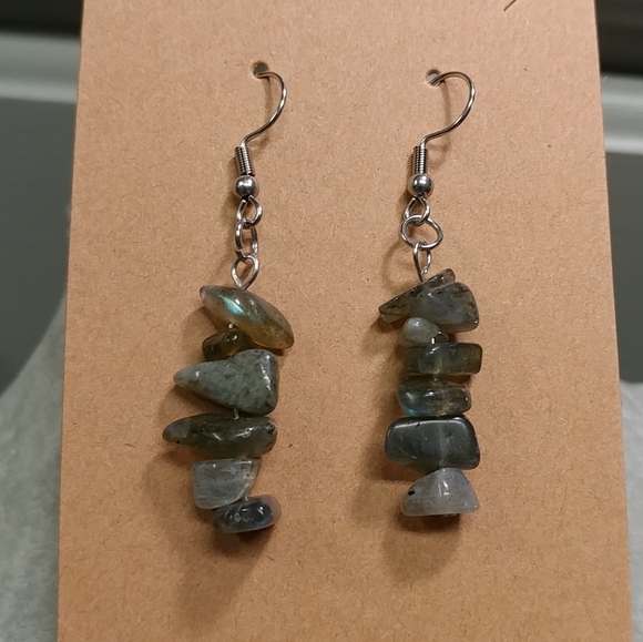 Labradorite Earrings Natural Gemstone Crystal Chip Beaded Surgical Stainless - Picture 8 of 13
